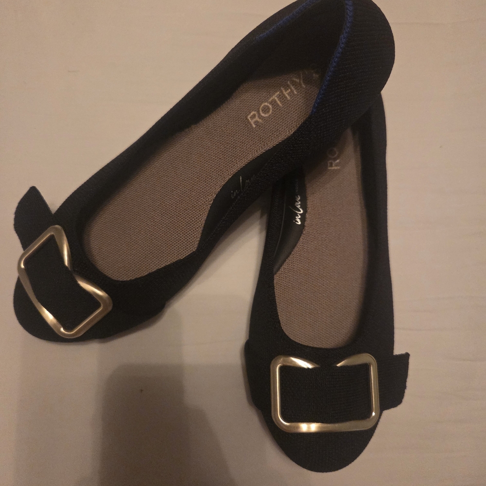Rothy's Black Knit Ballet Flats with Gold Buckle Accent